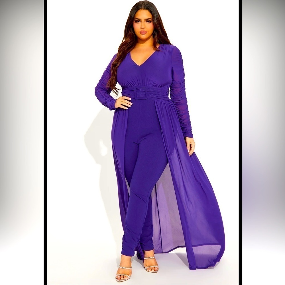 Purple jumpsuit with long skirts. Mesh long sleeves
